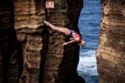 Rhiannan Iffland of Australia at the fourth stop of the Red Bull Cliff Diving World Series in São Miguel, Azores, Portugal on June 22, 2019.