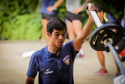 Lallianzuala Chhangte of Chennaiyin Football Club lifts weights during a training session.