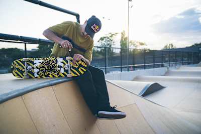 Danny Leon sets up his skateboard at X-Madrid, Spain on June 18, 2020