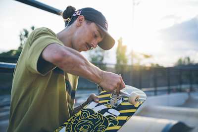 Danny Leon sets up his skateboard at X-Madrid, Spain on June 18, 2020