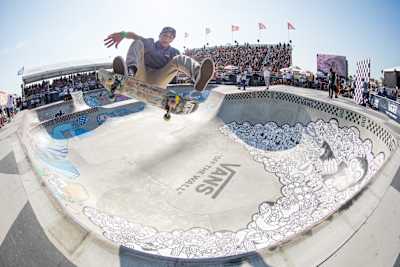 Cory Juneau skates at the Vans Park Series in Huntington Beach, CA, USA on 5 August, 2017.