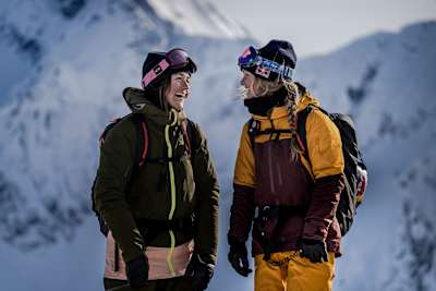 Tatum Monod and Michelle Parker sharing the stoke in the backcountry