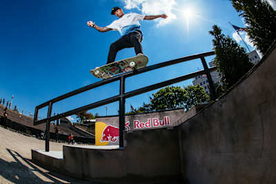 Nyjah Huston does a 5-0 Grind during Red Bull Hartlines in Hart Plaza in Detroit, MI on May 12 2017.