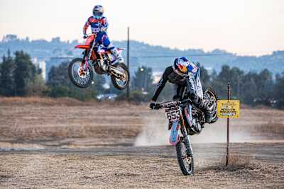 Robbie Maddison and Tyler Bereman ride in the Sepulveda Dam during filming for "Duct Out" in Los Angeles, California, USA on 15 November, 2019.