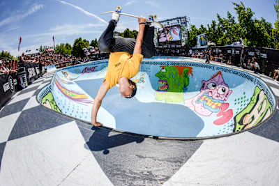 Karl Berglind skates during the finals of the Vans Park Series in Vancouver, Canada on July 8, 2017.