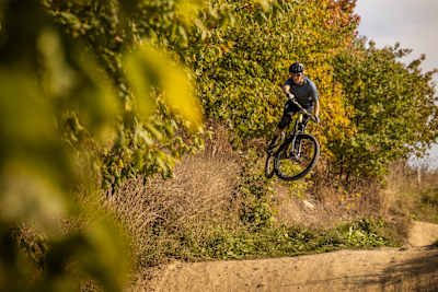 Lina Skoglund from Better MTB hitting jumps in Flottsbro, Sweden,  in September 2020.