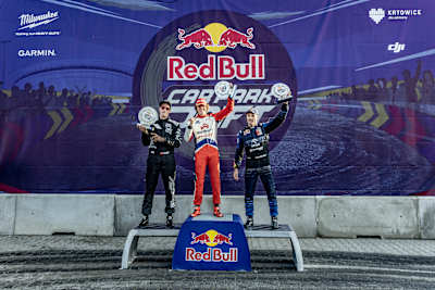 Paweł Grosz, Piotr Więcek, Kuba Przygoński - podium zawodów Red Bull Car Park Drift w Katowicach w 2022 roku
