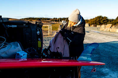 Jill Manos getting her surf gear ready at Lawrencetown beach, Nova Scotia, Canada December 15 2021