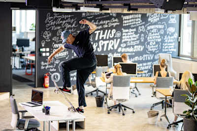 Maxim Habanec seen during the filming of his office video part in Prague, Czech Republic on July 2, 2022.