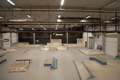 The ramps of a skate park photographed from an elevated position. 