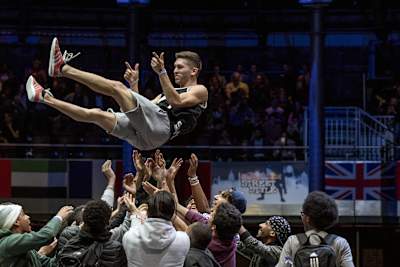 Event winner Carlos Alberto Iacono of Argentina celebrates after winning the freestyle football world championship Red Bull Street Style in London, United Kingdom, on November 8, 2016