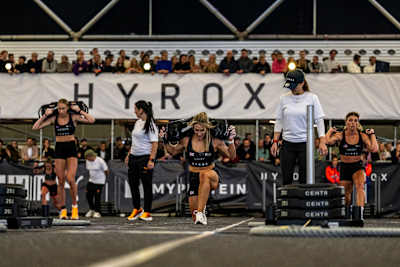 Joanna Wietrzyk, Kate Davey and Megan Jacoby seen during the Elite 15 at the Hyrox Major in Amsterdam, Netherlands on October 10, 2024. 