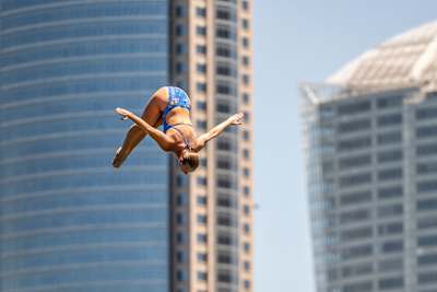 Rhiannan Iffland of Australia dives from the 21.5 metre platform on Day 1 in Sydney at the Red Bull Cliff Diving World Series in 2024