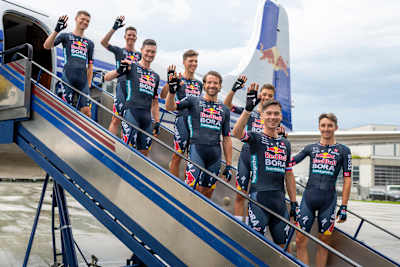 The Red Bull - BORA - hansgrohe cycling team:  Jai Hindley, Aleksandr Vlasov, Marco Haller, Nico Denz, Matteo Sobrero, Primoz Roglic, Bob Jungels and Danny Van Poppel 