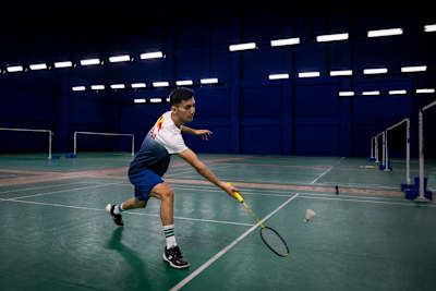 Lakshya Sen during a badminton training session on a court