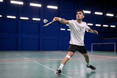 Lakshya Sen during a badminton training session on a court 