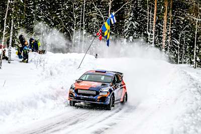Taylor Gill competing in the FIA Junior WRC at Rally Sweden 2025