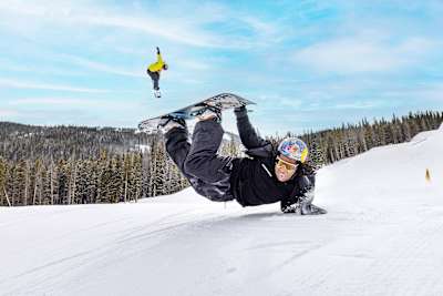 Jake Canter jumps over Zeb Powell