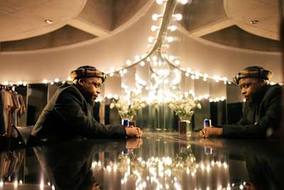 Kelvin Momo during the 2025 Red Bull Symphonic shoot in Johannesburg, depicted in an elegant dressing room lit with brilliance