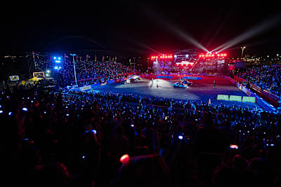 Spectators light up the night as drivers perform jaw-dropping stunts during Red Bull Shayimoto 2025 at Suncoast, Durban, South Africa, capturing the event's high-octane atmosphere and excitement