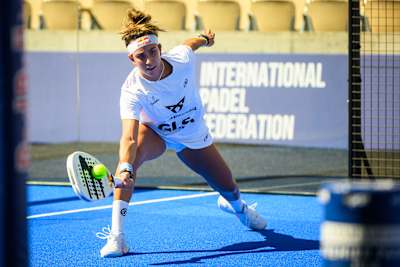 Beatriz Gonzalez Fernandez of Spain in action during the Alpine Paris Major Premier Padel quarter-final match held at the Roland Garros Stadium in Paris, France on September 12, 2025.