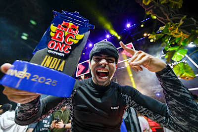 B-Boy Flying Machine celebrates winning Red Bull BC One Cypher India 2025