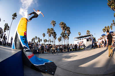 CJ Collins performs a frontside blunt at Red Bull Origin in Venice, California, USA on September 6, 2025.