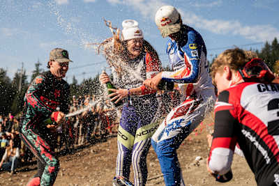 Champage celebrations for our Red Bull Hardline BC winners