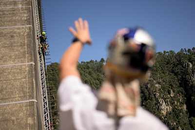 Thomas van Tonder trains for Red Bull Bridge Bars, a monkey bar crossing beneath the arch of the Bloukrans Bridge, 216 metres above the river.