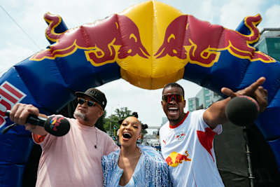 Jason Goliath, Thando Thabethe, Mpho Popps are seen during Red Bull Box Cart Race in Johannesburg, South Africa on October 4, 2026