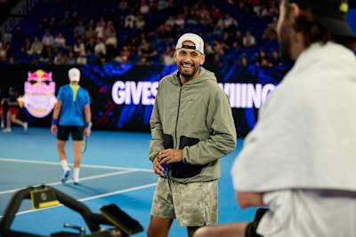 Nick Kyrgios smiles on court during Red Bull BassLine in Melbourne, Australia, on 17 January 2026.