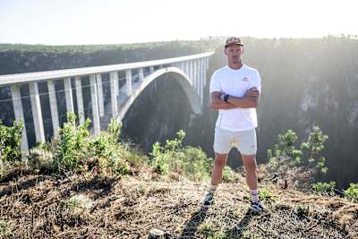 Thomas van Tonder at the highest bridge in Africa, the Bloukrans Bridge. Later this month he will attempt to cross suspended under the arch with monkey bars