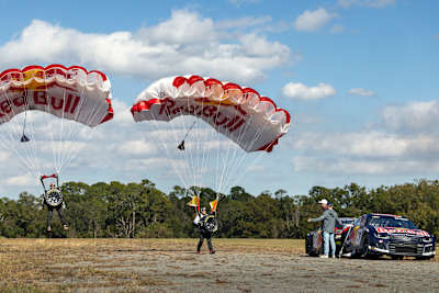 Luke Aikins and Andy Farrington skydive Goodyear stock car tires