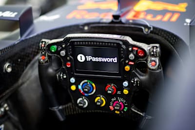 The steering wheel of a Formula One car with its controls, including the boost button used to maximise power during a race.