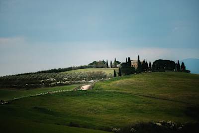 Red Bull – BORA – hansgrohe ride the iconic white roads of Tuscany during the 20th Strade Bianche in Italy on 7 March 2026, with lush hills and cypress trees in the backdrop