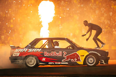 On May 29, 2026, Sam Sam performs an epic Red Bull car stunt at the RB Leipzig vs Mamelodi Sundowns friendly in Pretoria, South Africa, energising the crowd with blazing action