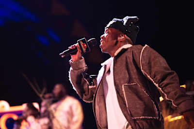 Blaqseed delivers an electrifying performance at Red Bull Symphonic, Montecasino, Johannesburg, South Africa, on June 14, 2026, with the iconic Red Bull microphone in hand