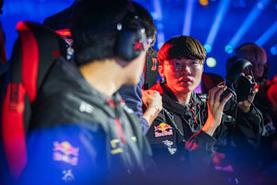 Faker on stage at Red Bull League of Its Own in Berlin, Germany on December 9, 2023