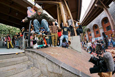 Shiloh Catori kickflips into the bank at Red Bull Origin in NYC