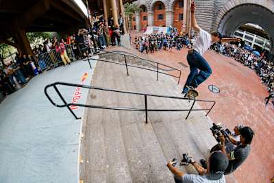Skaters tackle features during Red Bull Origin at Brooklyn Banks