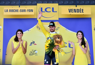 Peter Sagan in the yellow jersey after Stage 2 of the 2018 Tour de France