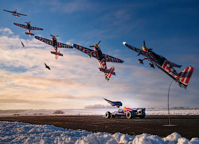 On 28th November 2025 in the Czech Republic, Martin Šonka and Red Bull Racing celebrate the new Oracle Red Bull Racing livery with a dynamic aerial showcase against a snowy landscape