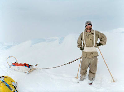 Wearing the type of clothing used by Sir Ernest Shackleton