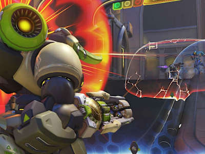 Orisa on the attack in Overwatch