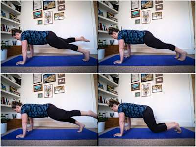 Stretch one leg towards the wall behind you.