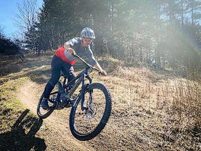 Steve Murphy railing a corner on his mountain bike in Hagaparken, Stockholm, Sweden in April 2021.