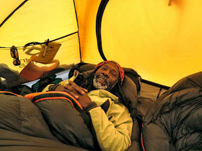 Back in 2012, Henderson waits out bad weather at Everest’s Camp 1 at roughly 20,000 feet of elevation.