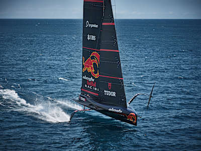 Alinghi Red Bull Racing AC75 BoatOne of Switzerland with Arnaud Psarofaghis and Maxime Bachelin performs in Barcelona, Spain on June 4,2024.