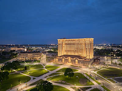 Michigan Train Station illuminating Detroit