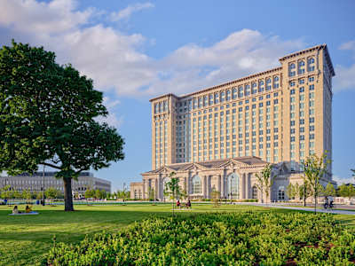 The view of Michigan Central Station from Roosevelt Park